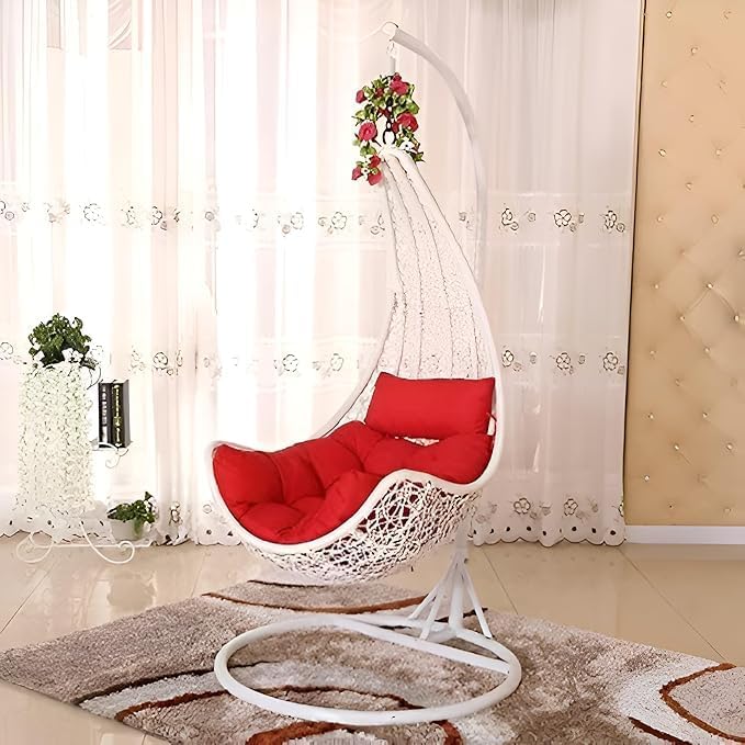 Image of Rattan 1 Seater Slide Jhula /Swing Chair with Stand and Cushion for Adults Balcony L Shape|| Balcony|| Patio|| Indoor|| Porch|| Yard||Outdoor Furniture (White Red)