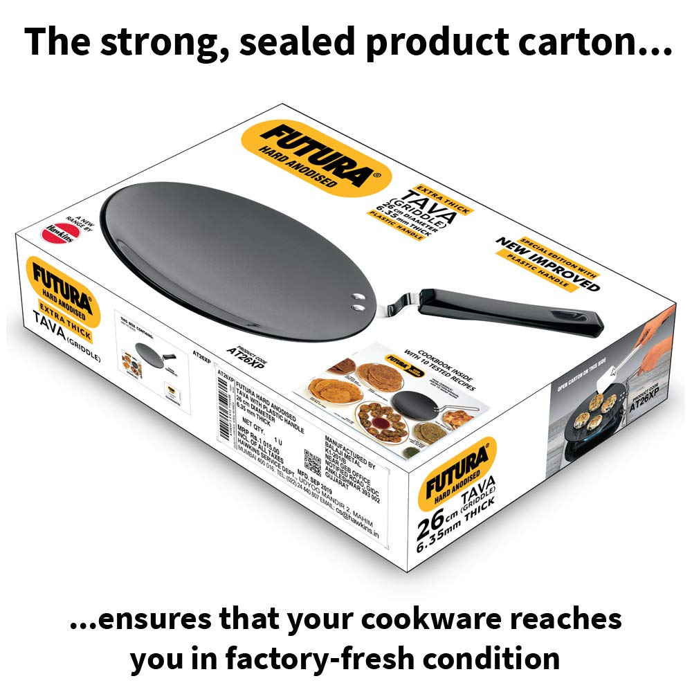 Futura Hard Anodised concave Tava Griddle, 4.06 mm, con Manico in Acciaio, Black, 10" with Plastic Handle.