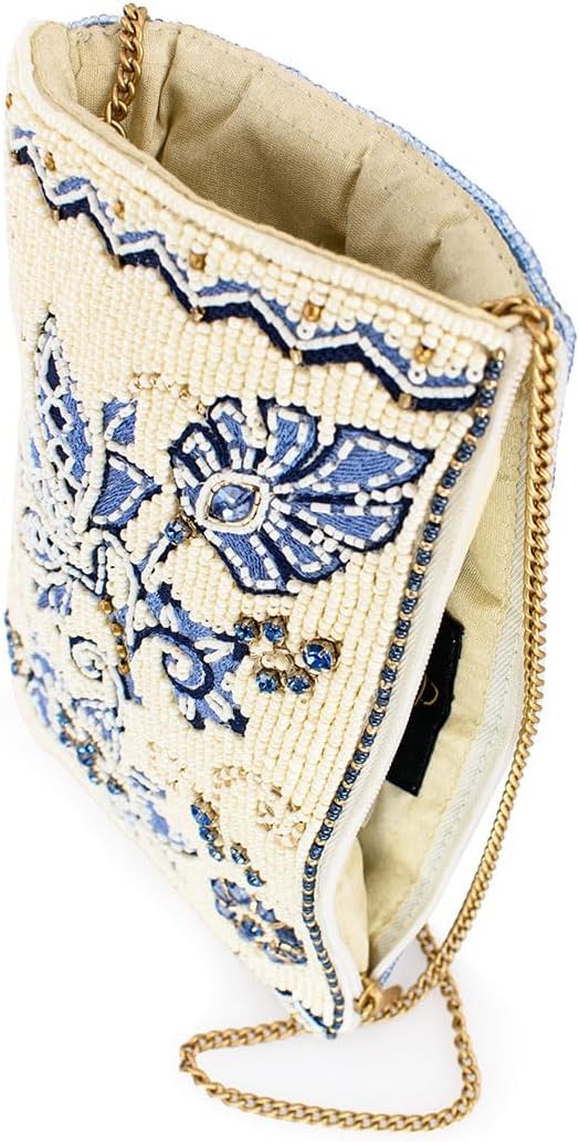 Mary Frances Easy Street Beaded Floral Crossbody Cell Phone Bag Clutch with Embroidery and Removable Chain Strap, Ivory/Blue