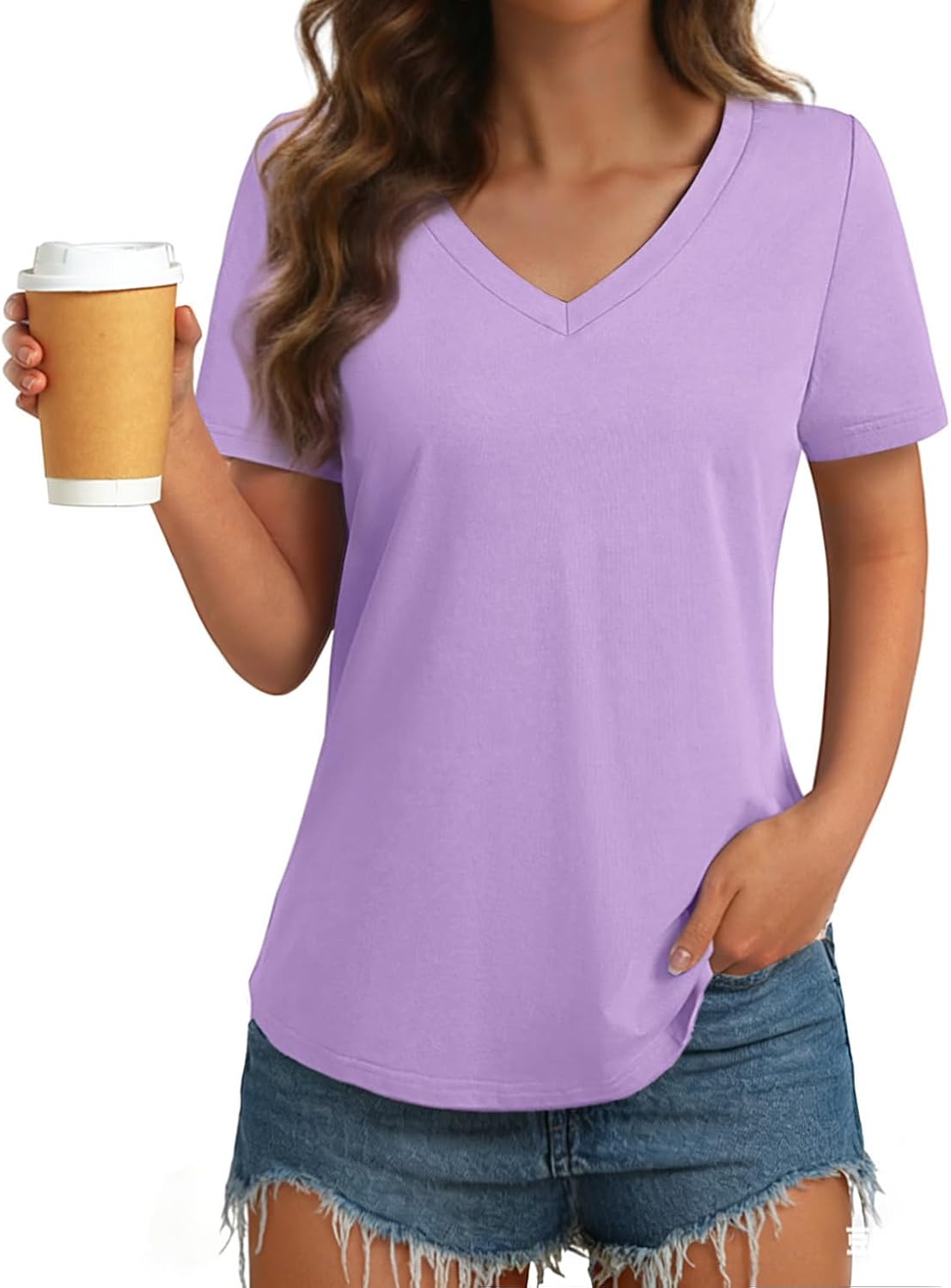 GKBK Womens T Shirts V Neck Short Sleeve Cotton Tops Summer Curved Hem Trendy Basic Tee Shirt S-XXL
