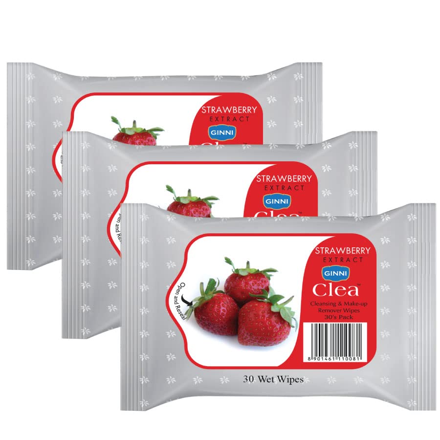 GINNI CLEA Wet Wipes, Cleansing & Makeup Remover Wipes, Wet Tissues for Face Moisturizing With Strawberry Fragrance (Pack of 3)