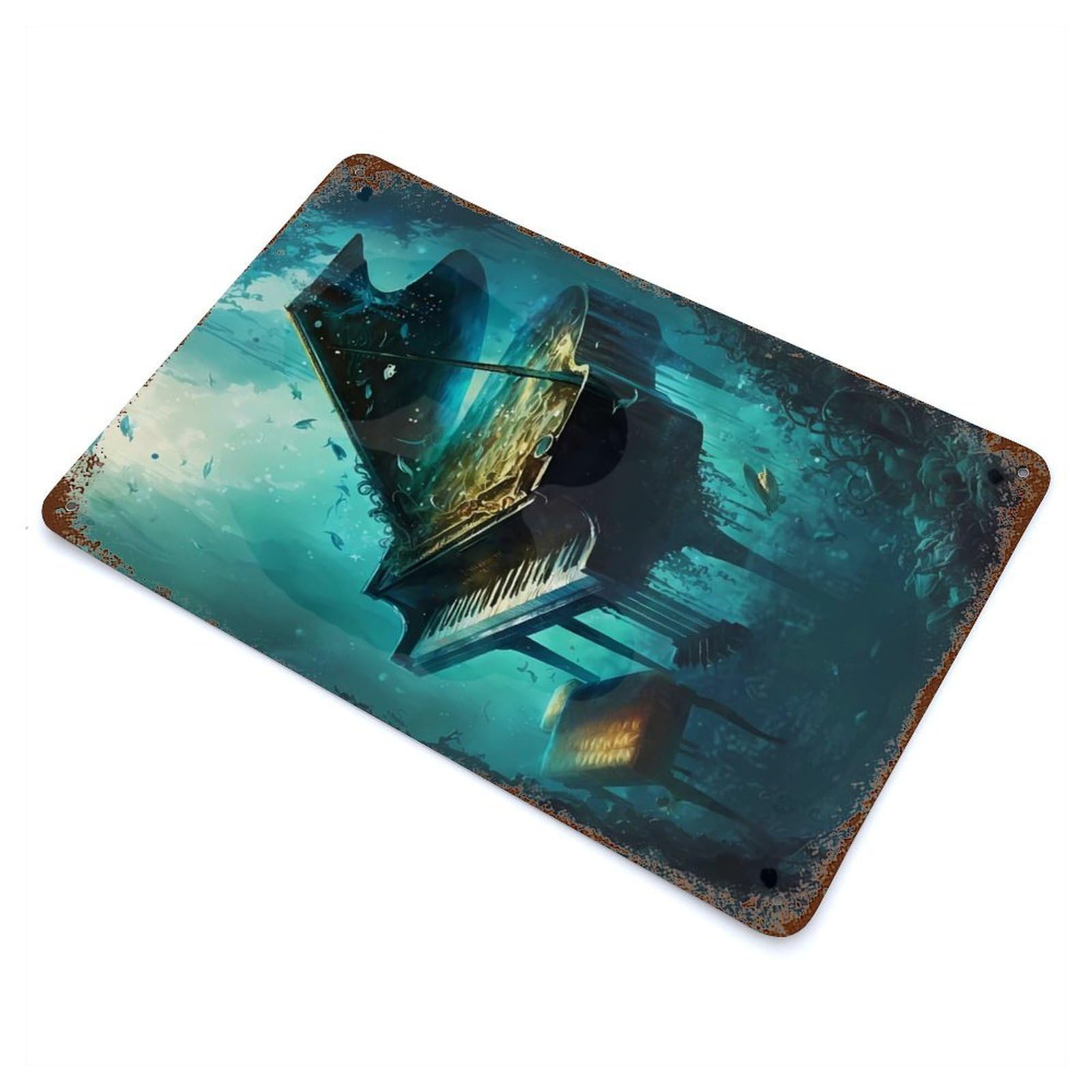 Vintage Rust Metal Sign Piano Underwater 11.8"x7.9", Novelty Wall Decor for Garage, Bar And Workshop Decor