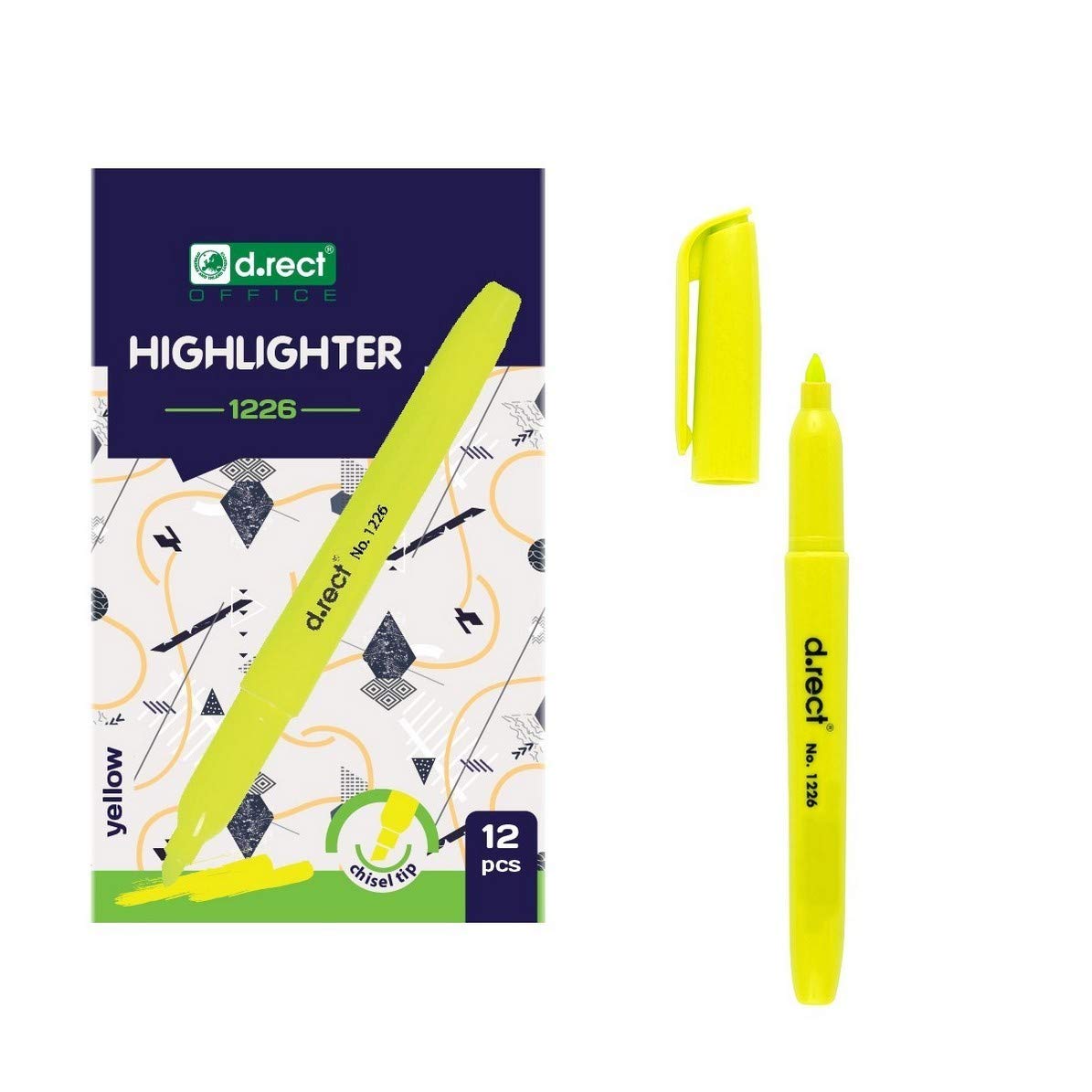 D.RECT 1226 Chisel Tip Highlighters Yellow Pack of 12