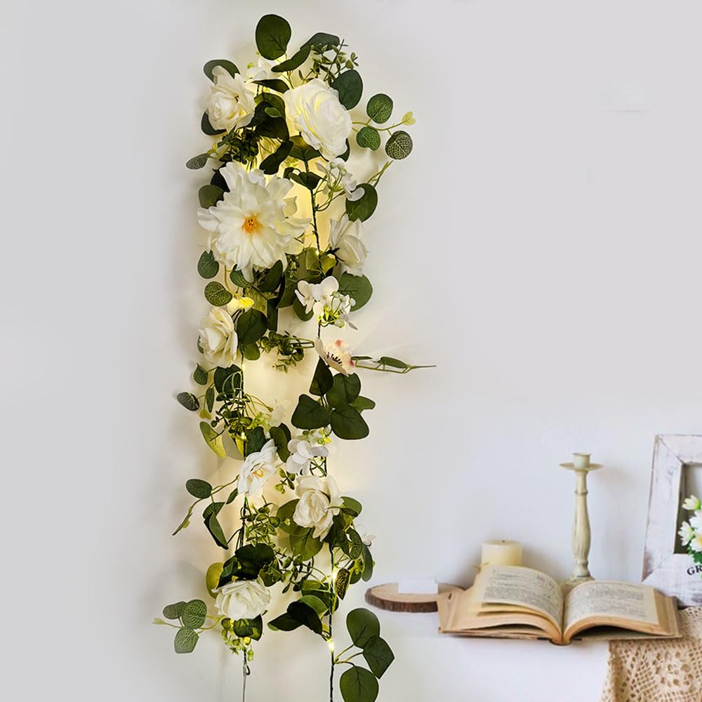 GUOCHENG Rose Garland Fairy Lights, Flowers Vine Light with Timer White