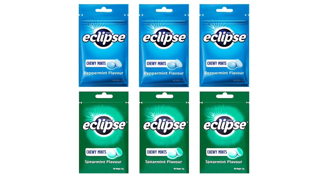 Assorted Cooling Eclipse Chewy Mints total of 6 Pack - Spearmint & Peppermint Refreshing Powerful Fresh Breath Candy 1.6 Oz each (3 Peppermint & 3 Spearmint, Pack of 6)