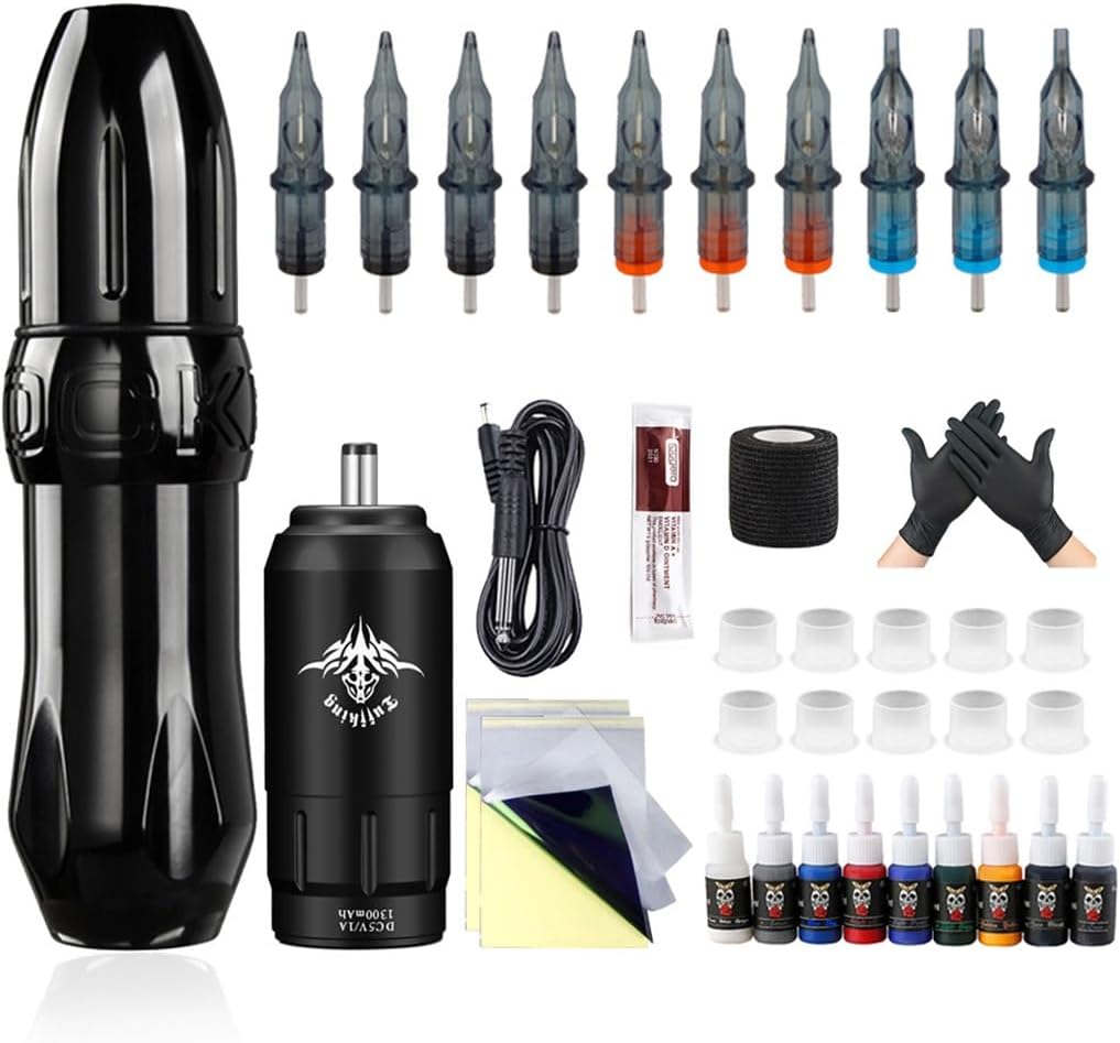 プロのタトゥーマシン ワイヤレスタトゥーマシンセット タトゥー用品のフルセット付き 初心者やタトゥーアーティストに最適 (Color