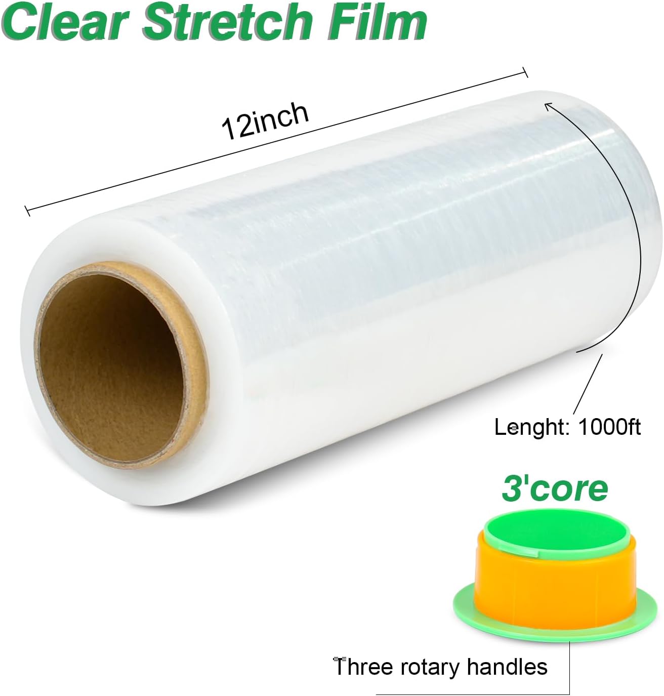 Industrial Strength Clear Stretch Wrap Film 12" x 1000 Ft 3 Pack - 80 Gauge Thick with Plastic Handle, Durable Self-Adhering Heavy Duty Shrink Plastic Wraps for Pallets Moving & Packing