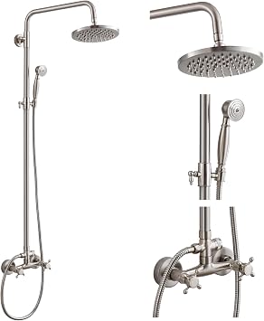 Dual Functions Exposed Pipe Shower System Round 8 Inch Rainfall Shower Head Brass Fixture Combo Set Two Handles Bathroom Shower Faucet Adjustable Showerhead Bar,Brushed Nickel