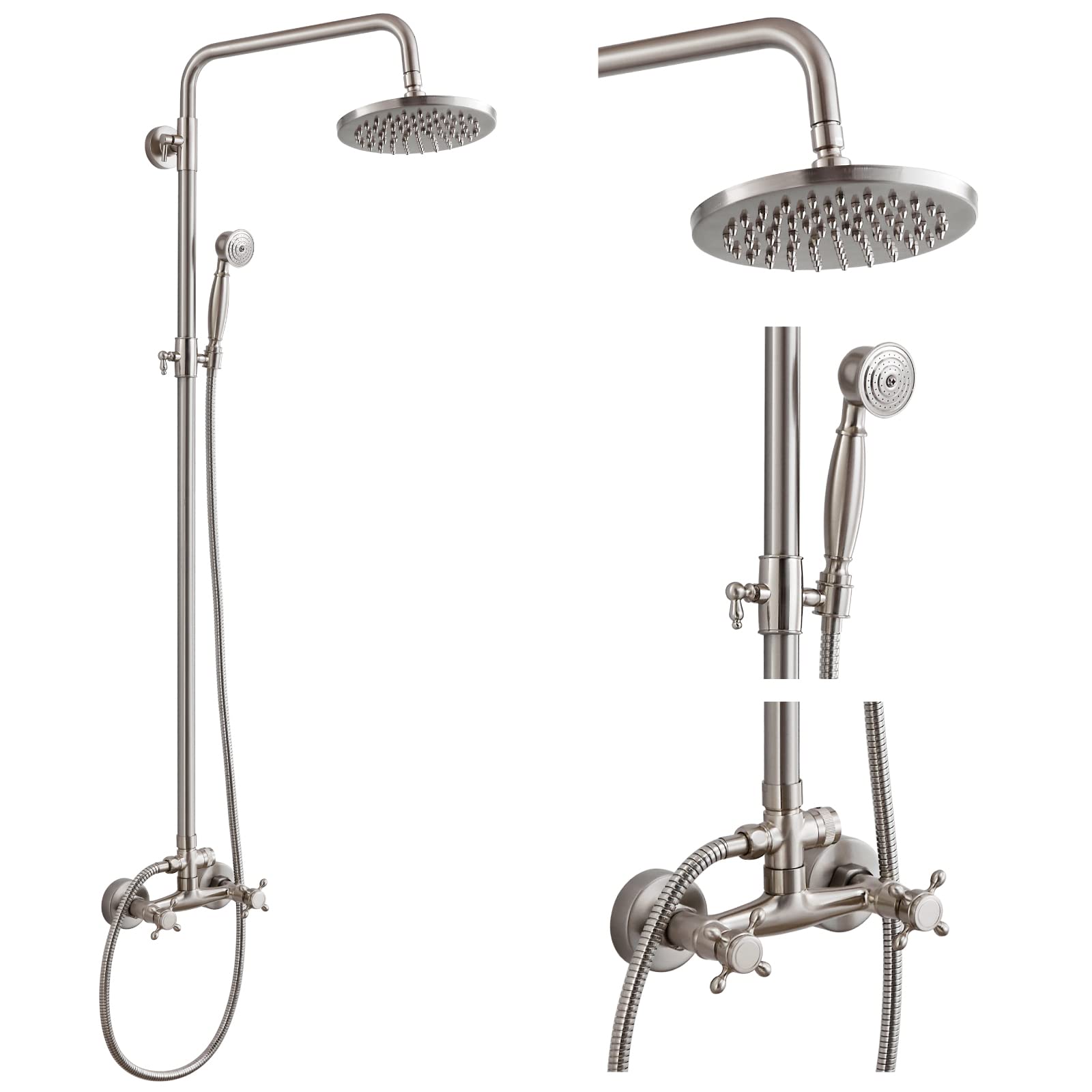 Hcfyauis Brushed Nickel Dual Functions Exposed Pipe Shower System Round 8 Inch Rainfall Shower Head Brass Fixture Combo Set Two Handles Bathroom Shower Faucet Adjustable Showerhead Bar,