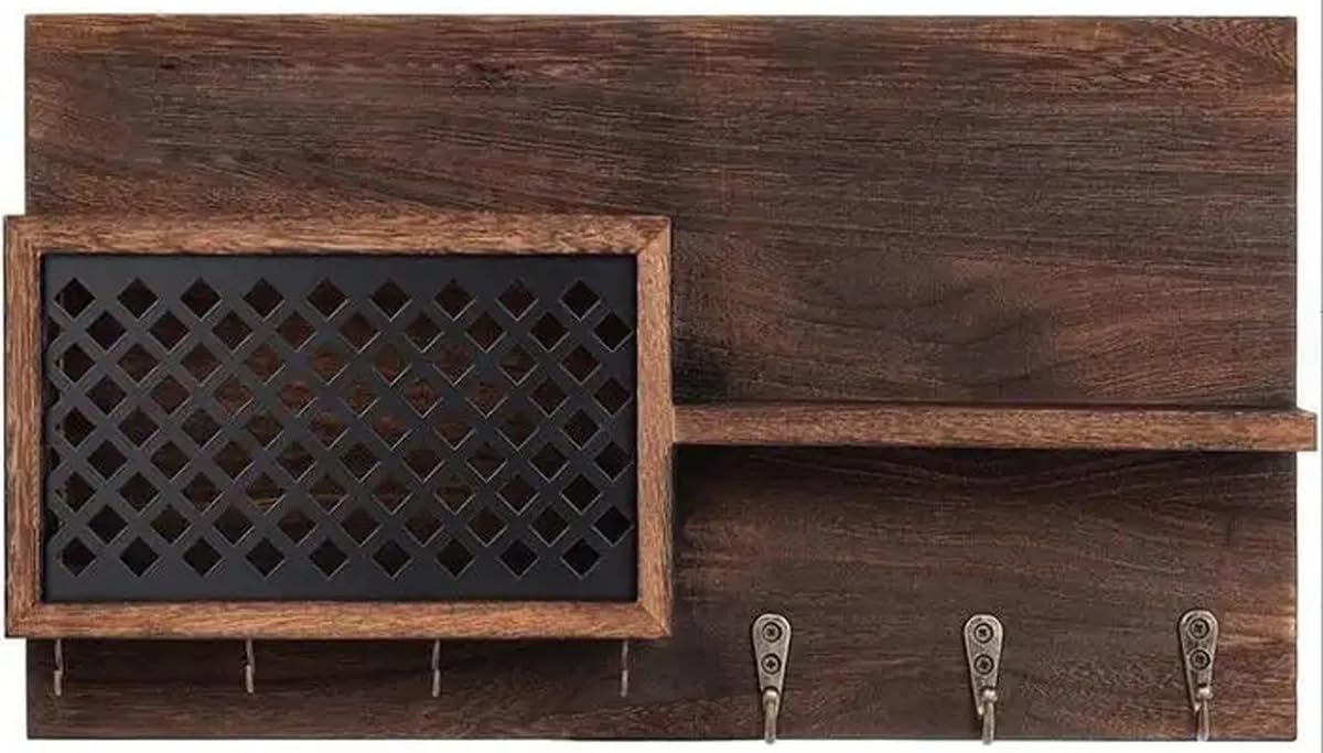 Porte-manteau mural avec étagère de rangement et 7 crochets, organiseur d'entrée avec panier tissé, design en bois massif durable pour couloir, chambre à coucher