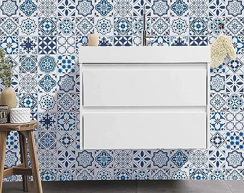 Image of VKR 3D PVC Self-Adhesive Kitchen Wall Sticker | Waterproof & Oil-Proof Peel and Stick Wallpaper | Modern Backsplash Decor for Home, Cafe, Hotel & Living Room Walls (Blue Floral - Pack of 1)