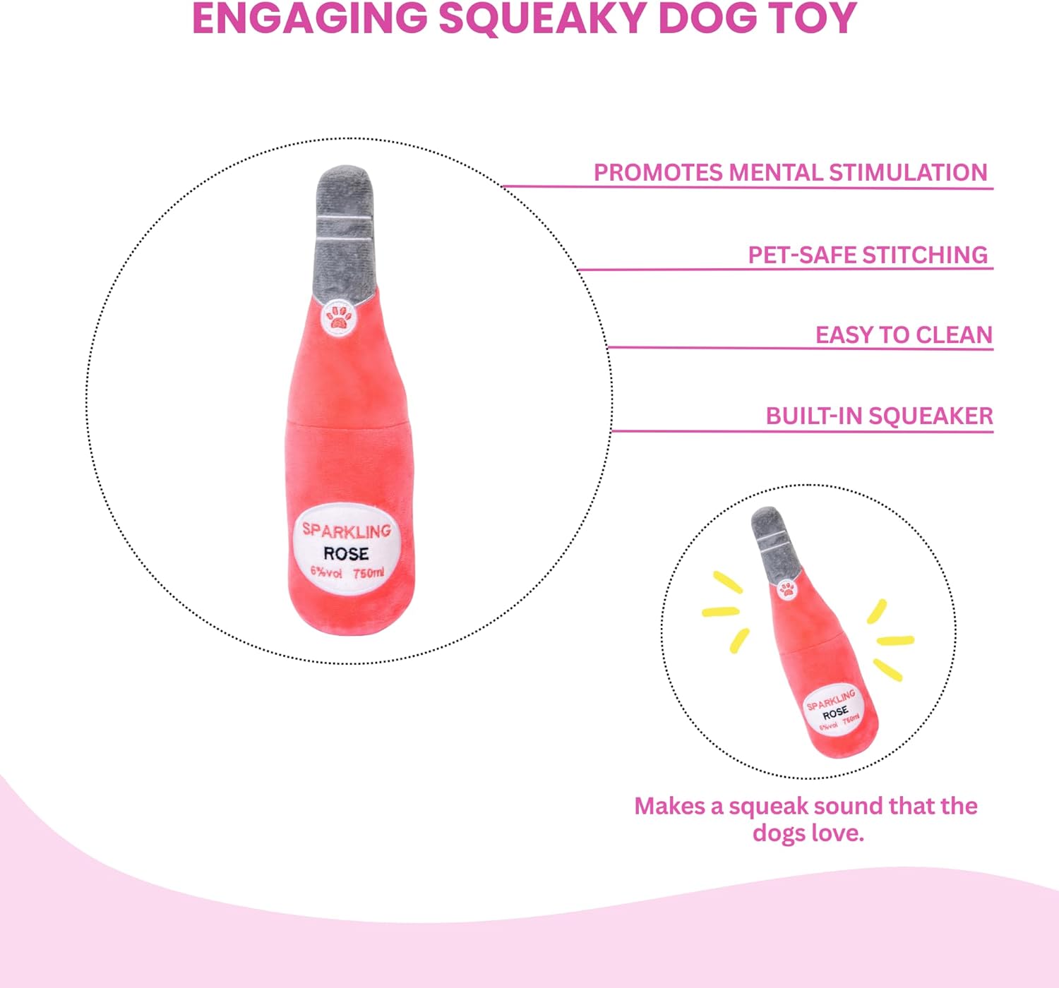 Glow Pups "Gawjus Girl Grooming and Play Bundle: Pink Designer-Style Plush Purse Set (Includes Paw-Phone, Lipstick, Nail Polish) & Plush Sparkling Rose Wine Bottle Squeaky Dog Toys (5-Piece Set)