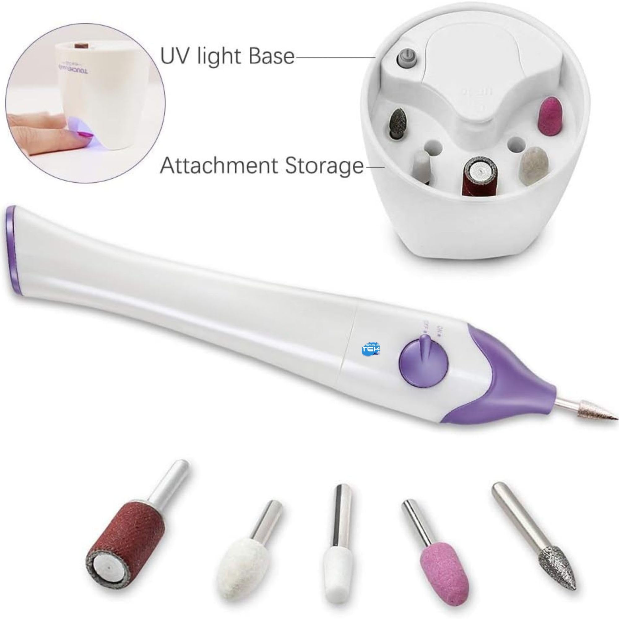 SIMPLETEK - Profesjonalny elektryczny frezarka do paznokci TB-1335 | zestaw do manicure z UV/LED | przenośny i bezprzewodowy, kolor biały i fioletowy