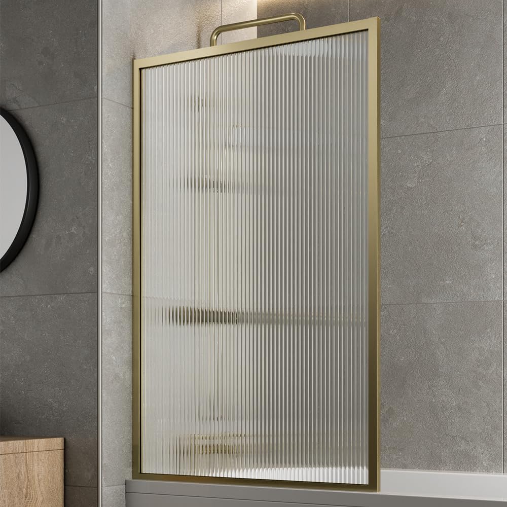 Luxura Brushed Brass Luxura® 800 X 1400Mm Square Framed Fluted Over Bath Shower Screen 6Mm Toughened Safety Glass Panels Bathroom Reversible Screen