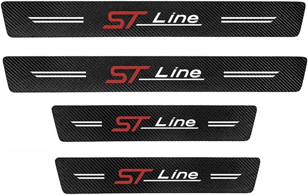 4Pcs Car Door Sill Guard Protector Scuff Kick Plate, for ST Line Carbon Fiber Step Pedal Stickers Strips Cover Trim with Logo Insignia Auto Accessories