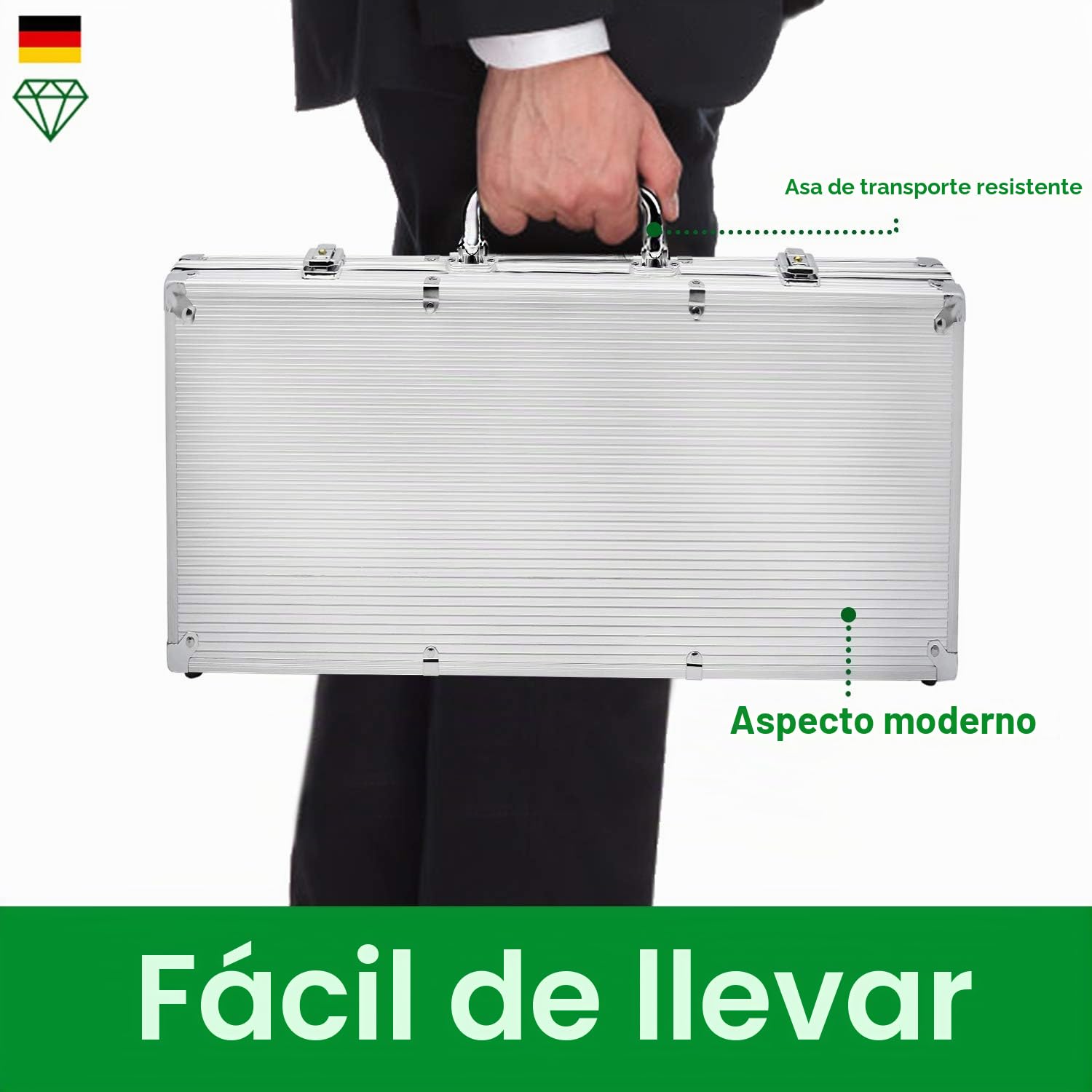Juego de Poker 500 fichas Set de póquer fichas de póquer láser Incluye 2 Barajas de póquer, 3 Botones de crupier, 5 Dados, Estuche de Aluminio con 2 Llaves - Plata