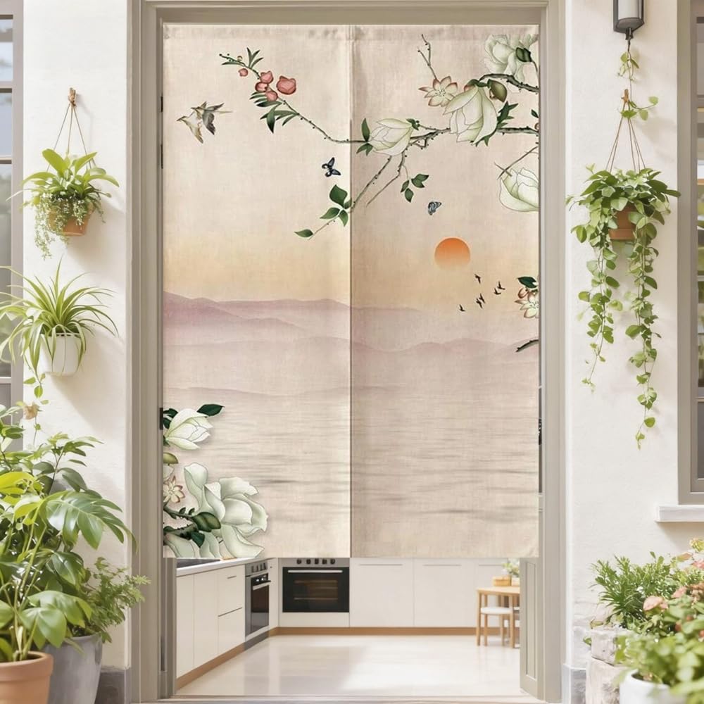 MYRU Japanese Noren Doorway Curtain Tapestry (Flower Bird and Sunrise,33.5 Inches x 59 Inches)