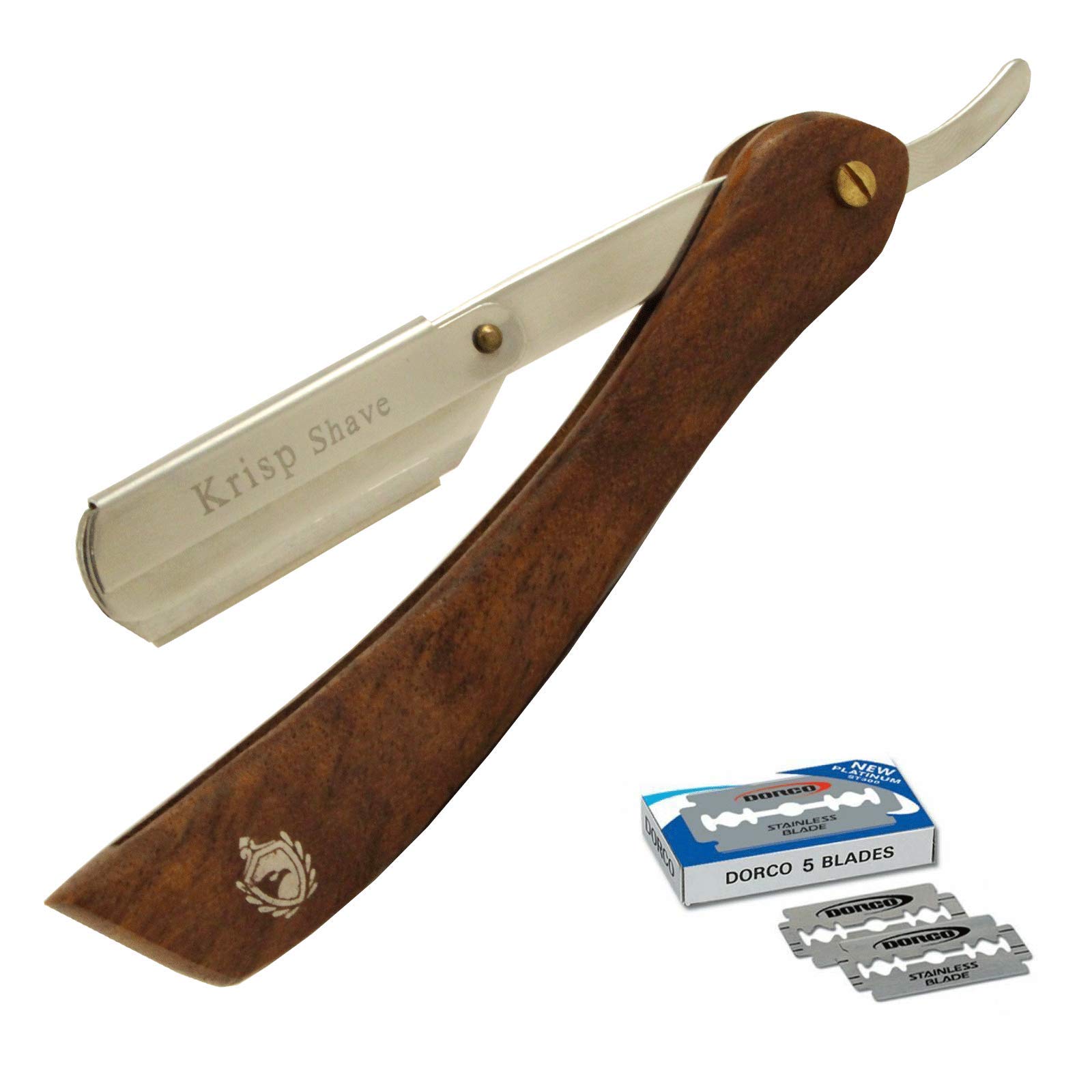 Professional Straight Edge Shaving Razor Safety - Krisp Beauty Natural Wood Handle Wet Shave Manual Shavette Razor For Men Barber Salon Quality Stainless Steel with 5 Double Edge Shaving Blades