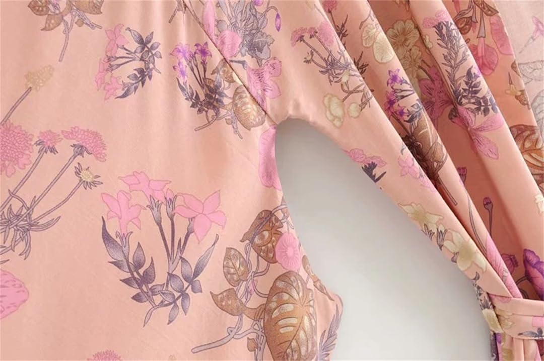 Disimlarl Kimono con estampado floral para mujer, vestido bohemio para playa, cuello en V, bandas, bata de bikini
