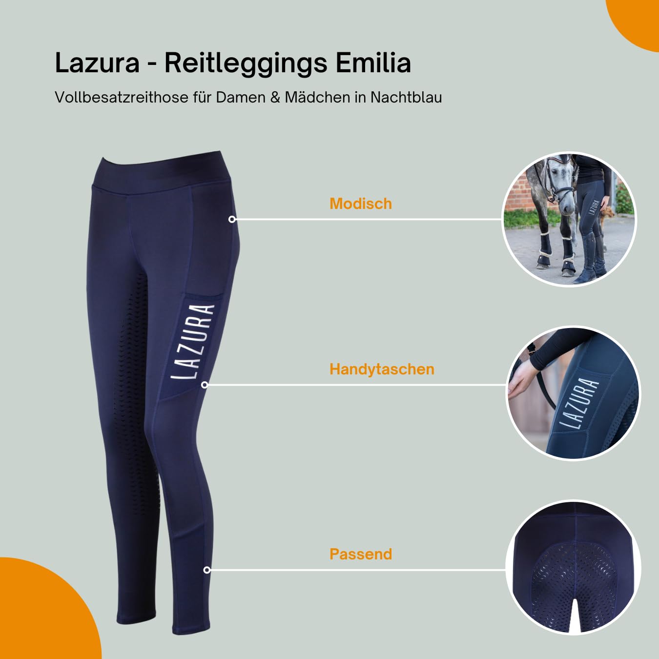 Lazura - Reitleggings für Damen & Mädchen Emilia | Vollbesatz aus Silikon | Vollbesatzreithose mit 2 seitlichen Handytaschen | Reithose in fünf Farben | Reitbekleidung in Größe 116-176 & 34-46
