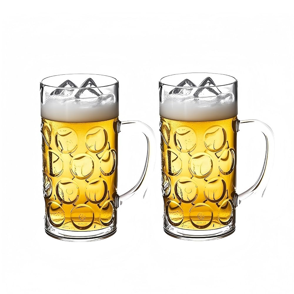 Komost Plastic Pint Glasses Set of 2, 1.25L Clear Large Pint Glass Mugs with Handle, Reusable Beer Stein Cups, Dimpled Beer Tankard for Club, Bar & Party