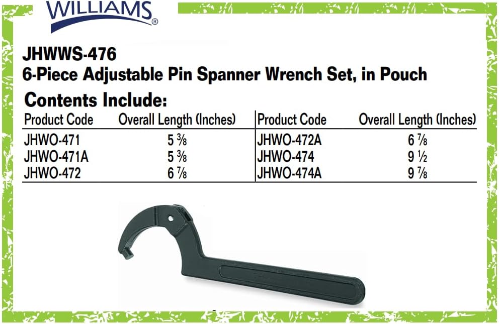 Williams JHWWS-476 6-Piece Adjustable Pin Spanner Wrench Set, Ideal for Adjusting Collars, Lock Nut Rings, and Bearings