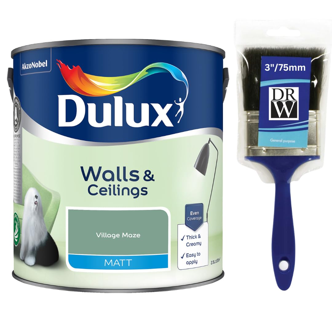 Village Maze Walls & Ceilings Matt Emulsion Paint 2.5L + 3" Emulsion Paint Brush โ Smooth Creamy Finish, Quick Dry, Low VOC, Easy Application for Walls & Ceilings