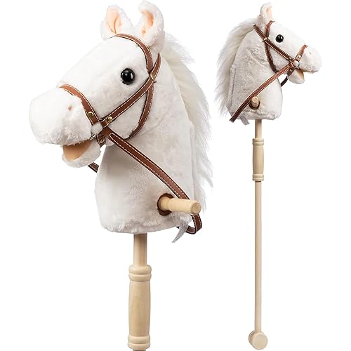 HollyHOME Stick Horse Plush Handcrafted Hobby Horse on a Stick with Wood Wheels Real Pony Neighing and Galloping Sounds for Kids Toddlers White 36 Inches(AA Batteries Required)