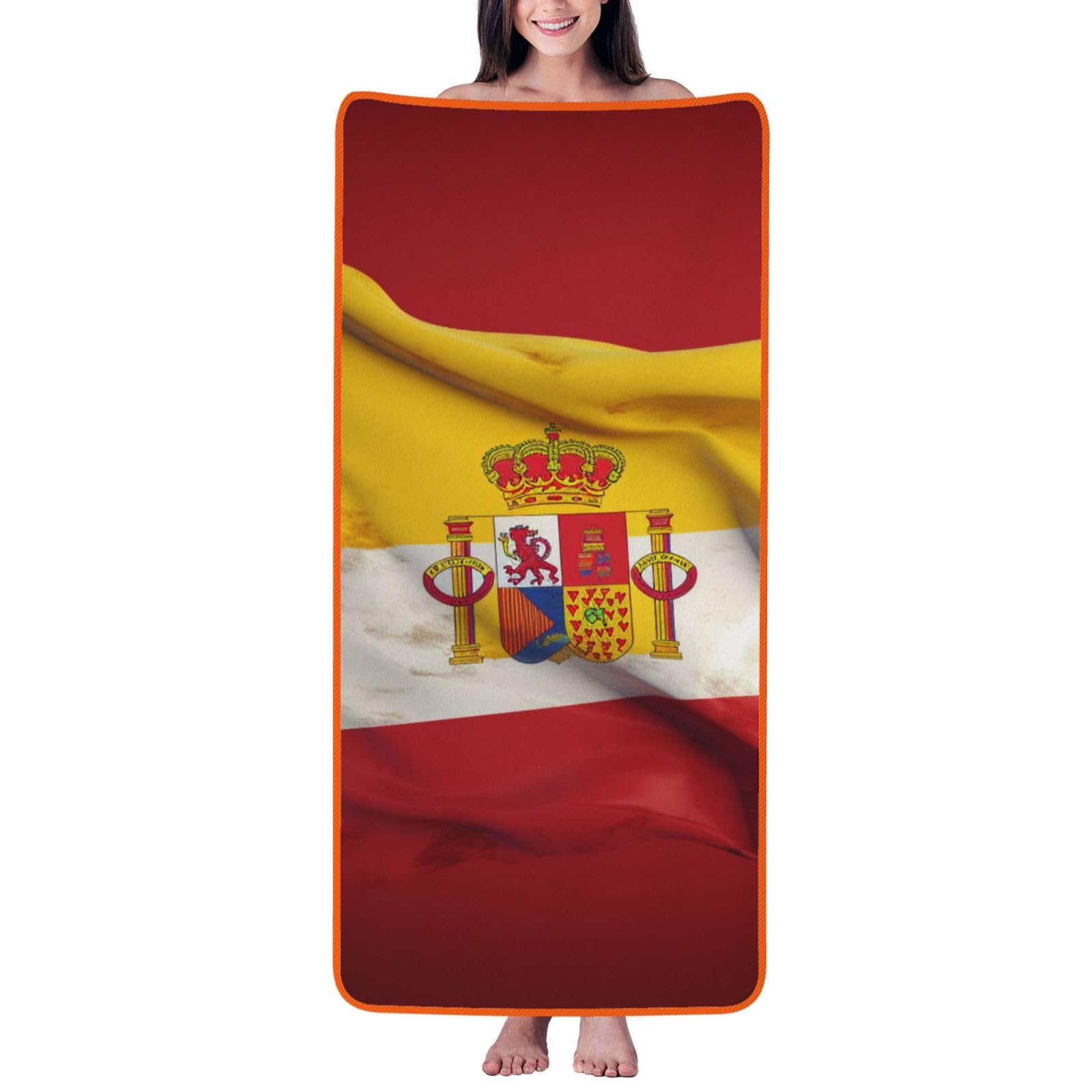 WPKJU Spain Flag Printed Bath Towel with Orange Edging - 27x55 in Soft Extra Absorbent Coral Velvet Shower Towels for Bathroom