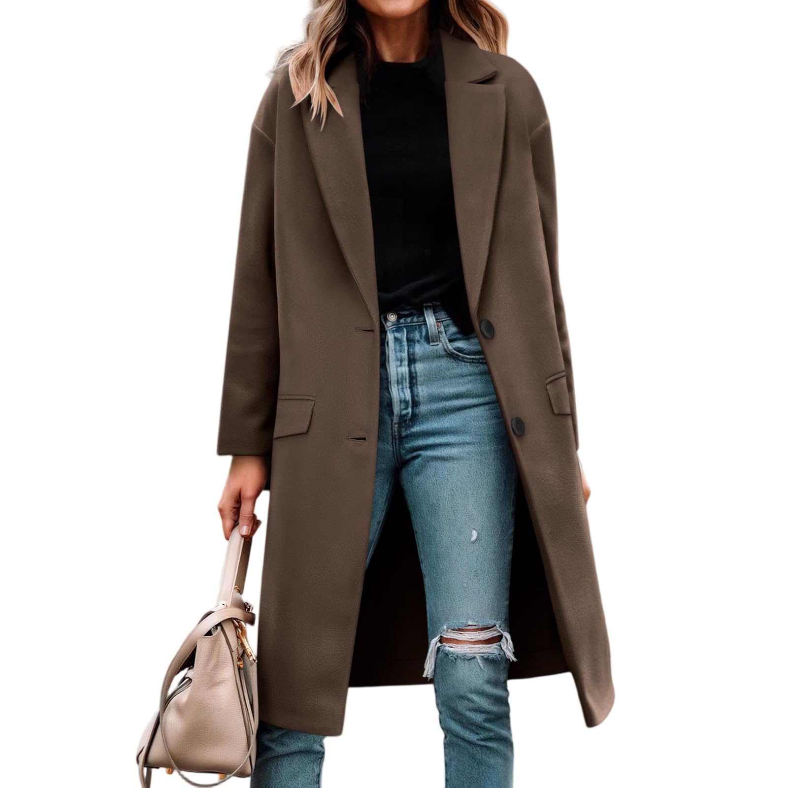 Ansenesna Wollmantel Damen Winter Lang Winterjacke Warm Wolle Wintermantel Elegant Oversize Mantel Frauen Übergangsjacke Ohne Kapuze Damen-Mäntel Mit Knöpfen Übergangsmantel Trenchcoat Wolljacke