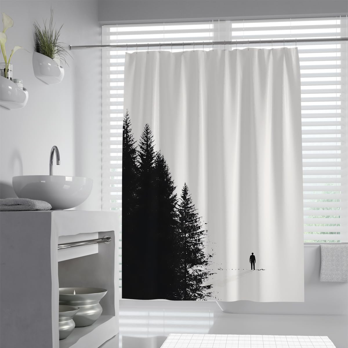 UIRINGART Minimalist Misty Woodlands Shower Curtain W200xL200cm Nordic Abstract Pine Trees Silhouette Pattern Water Repellent Washable Home Hotel Bathroom Screen With Hook