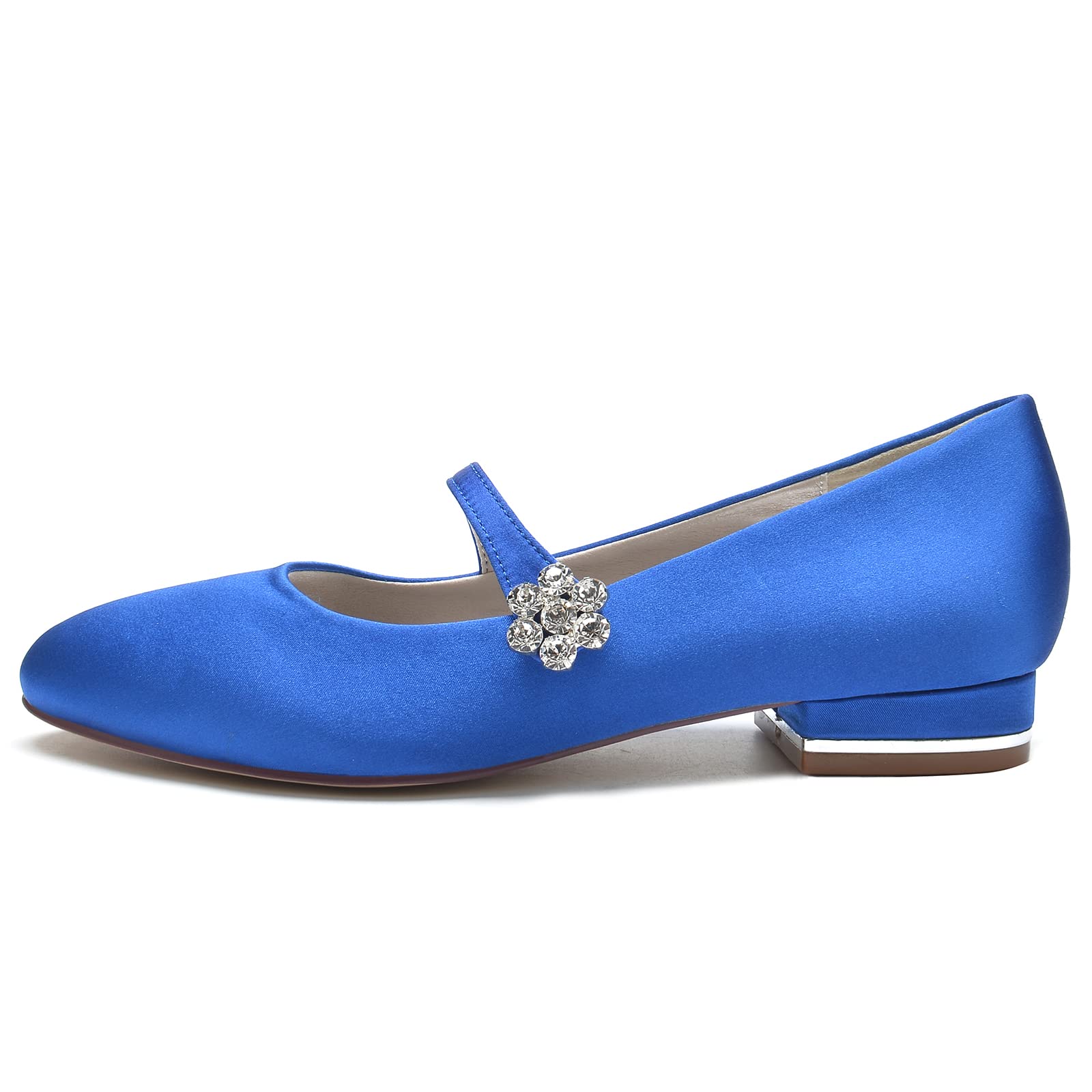 Zapatos Mary Jane para Mujer Planos de Raso, Bailarinas Elegantes con Flor de Brillantes y Tacón Metalizado, Zapatos de Boda o Oficina con Correa para Fiesta y Uso Diario