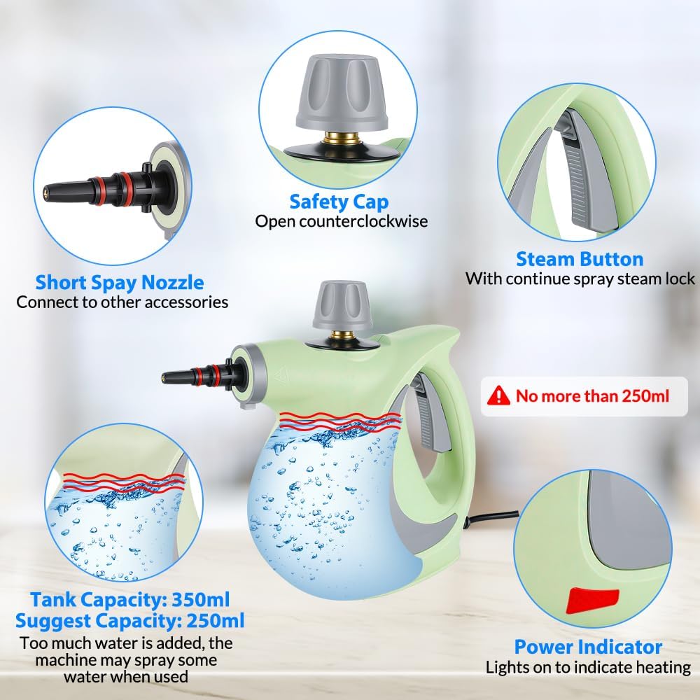 Handheld Pressurized Steam Cleaner with 12 pcs Accessories, Portable Steamer for Cleaning, Steam Cleaner for Home Use, Steamer for Cleaning Car, Furniture, Floor, Upholstery, Grout and Tile, Green