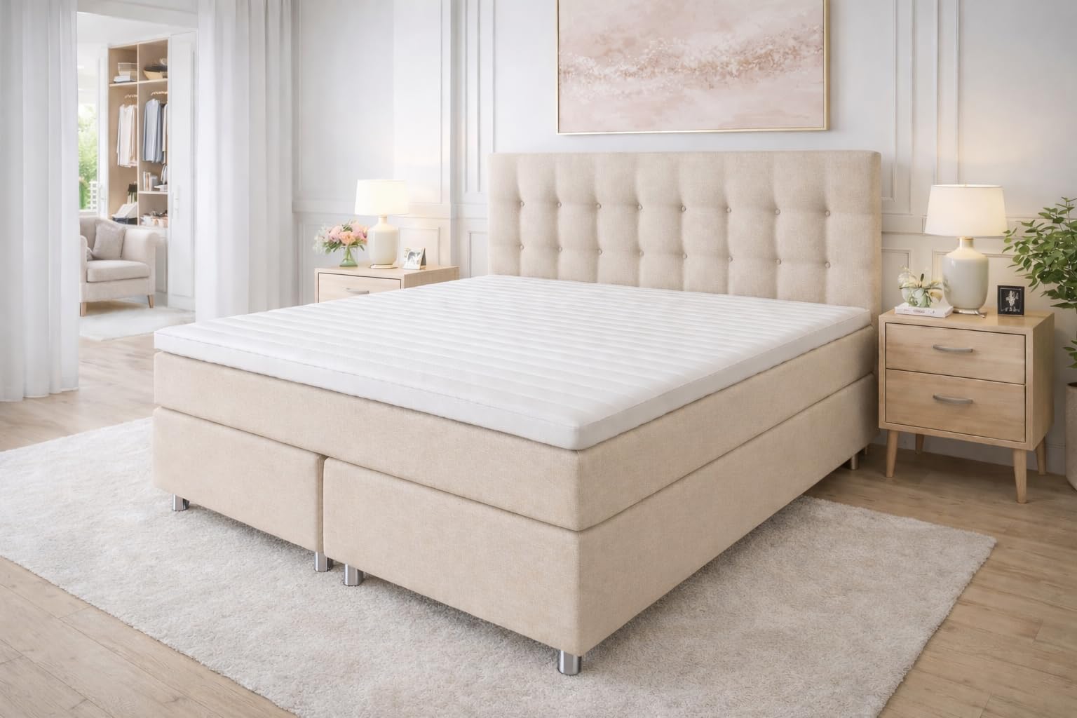 Tesla Dreams Boxspringbett 180x200 Ronda, 7 Zonen Taschenfederkern-Matratze H2/H3, 5 Jahre Garantie, Topper Visco, Unterbau Taschenfederkern, Montage verfügbar, Beige