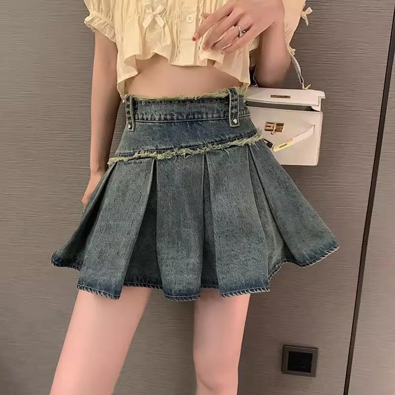 Women’s Y2K High Waist Pleated Denim Mini Skirt Vintage Aesthetic Streetwear Grunge Tennis Skirt for Casual Outfits3