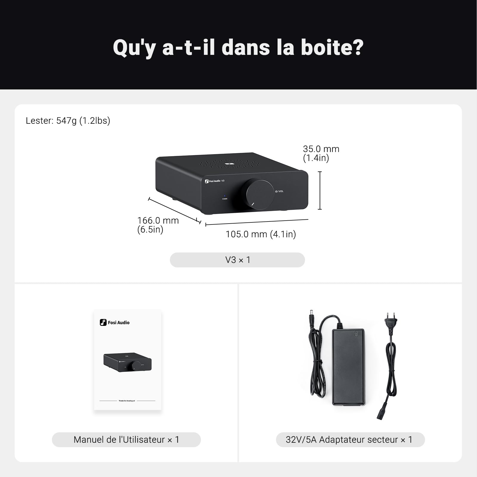Fosi Audio V3 Amplificateur de Puissance Stéréo Classe D | Puce TPA3255 | 300W Ampli Audio HiFi pour Haut-Parleurs Home Cinéma et d'étagère | Design Compact avec Dissipation Thermique Avancée | 32V 5A