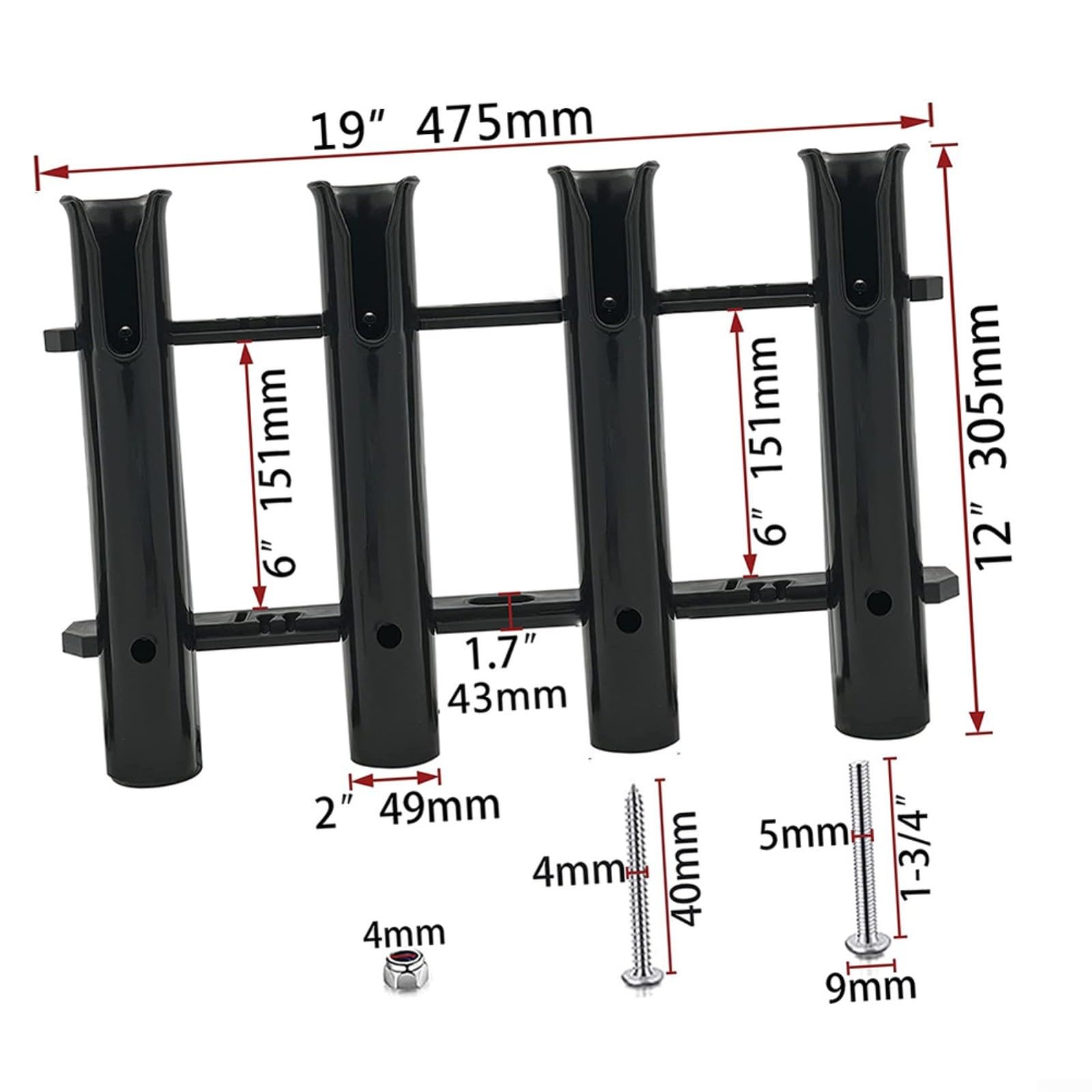 Confezione da 4 supporti per canna da pesca, montaggio a parete, in plastica, stabile, per yacht, kayak, uso marino, nero, 475 x 305 mm