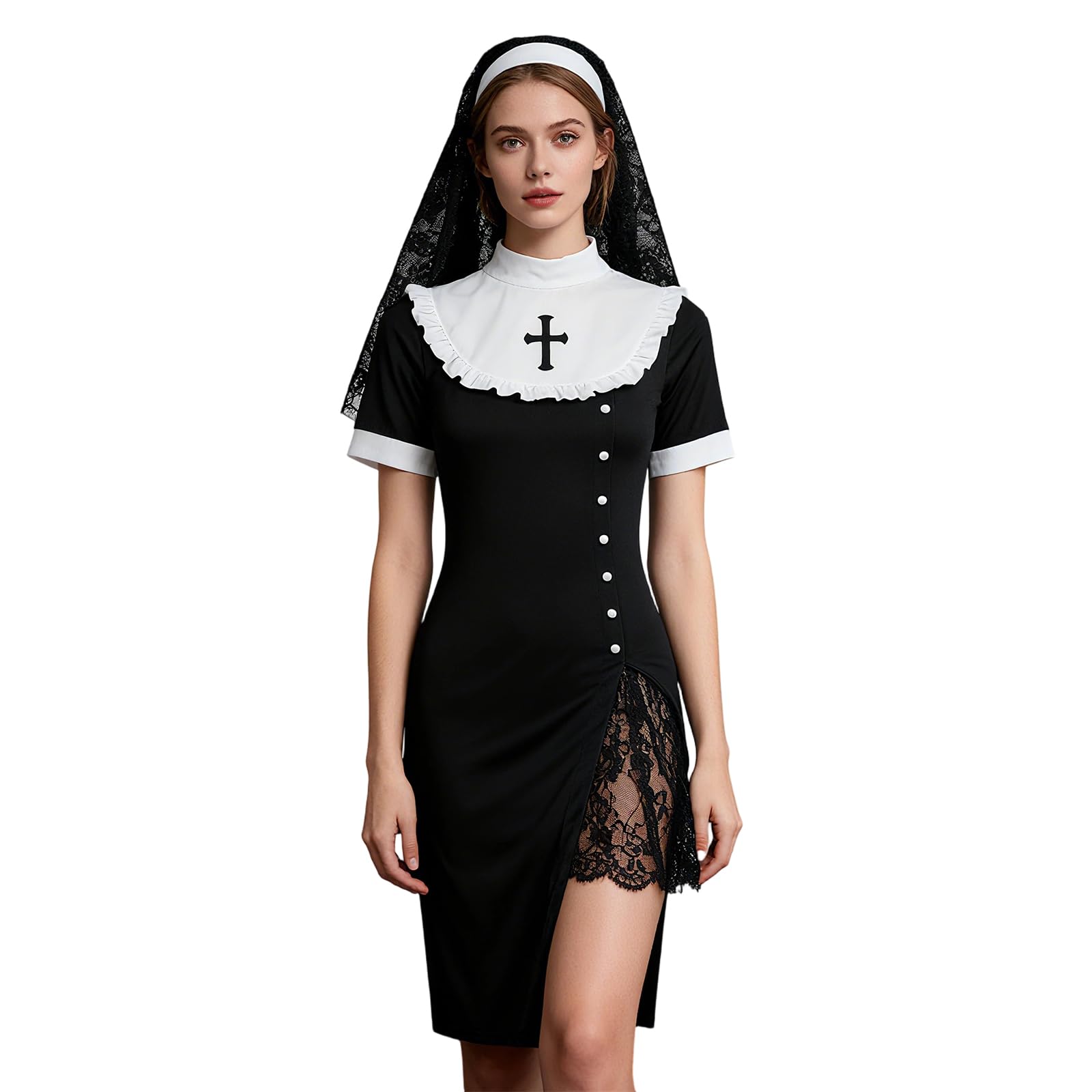 ZMQQ Women Nun Costume Mock Neck Split Mini Dress with Hat Halloween Outfit (A-Black, M)