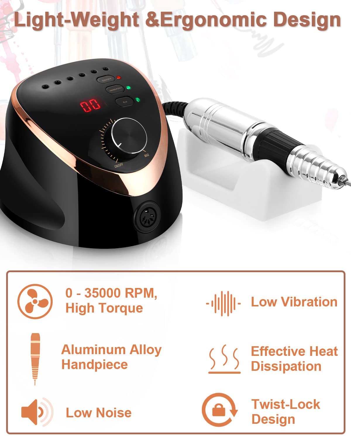 Torno para Uñas 35000 RPM Eléctrico Lima de Uñas, 6 Brocas Pulidor Broca | Pedal,Pantalla LED Eléctrica del Taladro del Clavo para Salón DIY/Lima de Uñas Pedicura-Negro