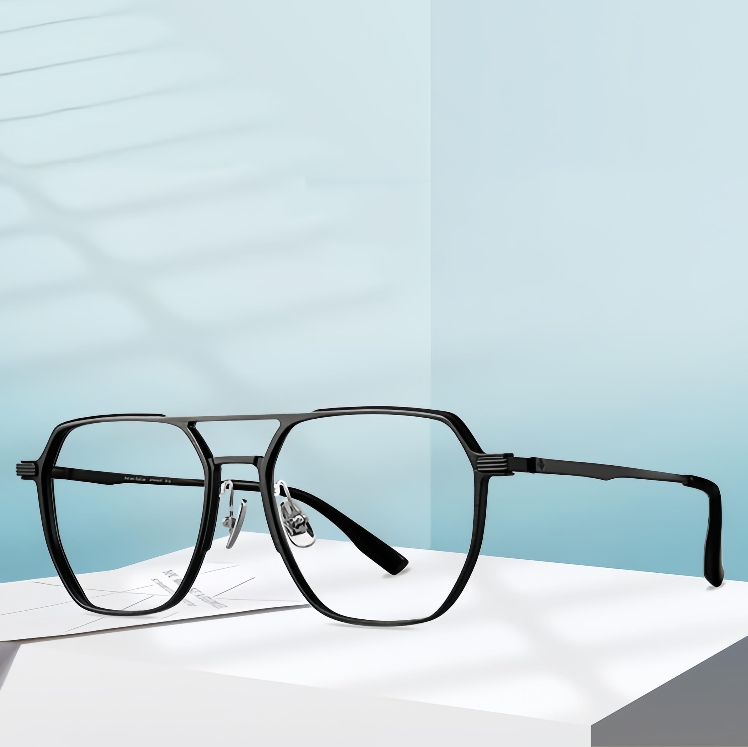 HEPTICS Double Beam Aviator Blue Light Blocking Glasses for Men, Titanium Frame, Matte Black, Anti-Eyestrain for Computer Gaming