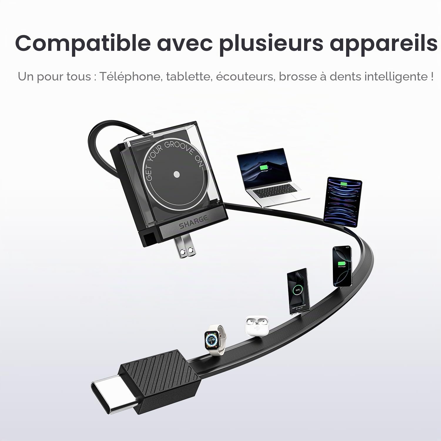 SHARGE Chargeur USB-C Mural GaN 65W PD avec Rétractable Câble Intégré Noir