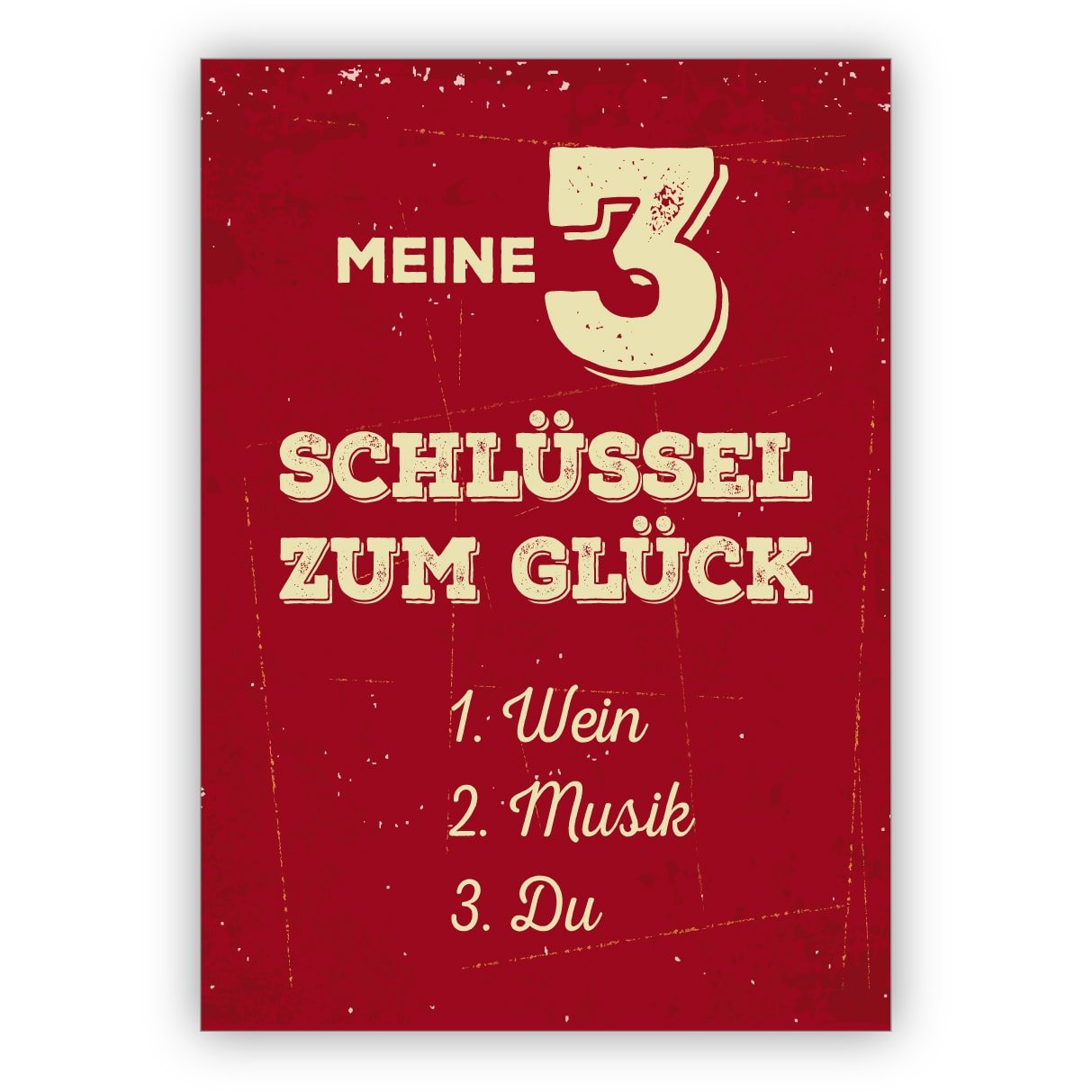 Glückwunschkarten Set (16Stk) Romantische Motto karte zum Hochzeitstag und für Verliebte: Meine 3 Schlüssel zum Glück 1. Wein 2. Musik 3. Du • edle Klappkarte mit Umschlag innen blanko