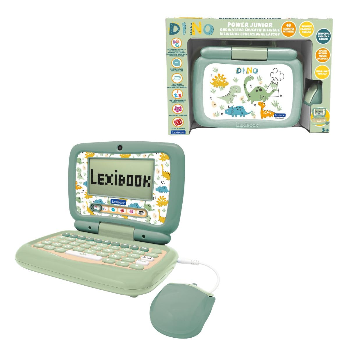 Lexibook, Computer portatile educativo bilingue Inglese/Francese Dinosauro, 40 attività educative, JC398DINOi1LXB