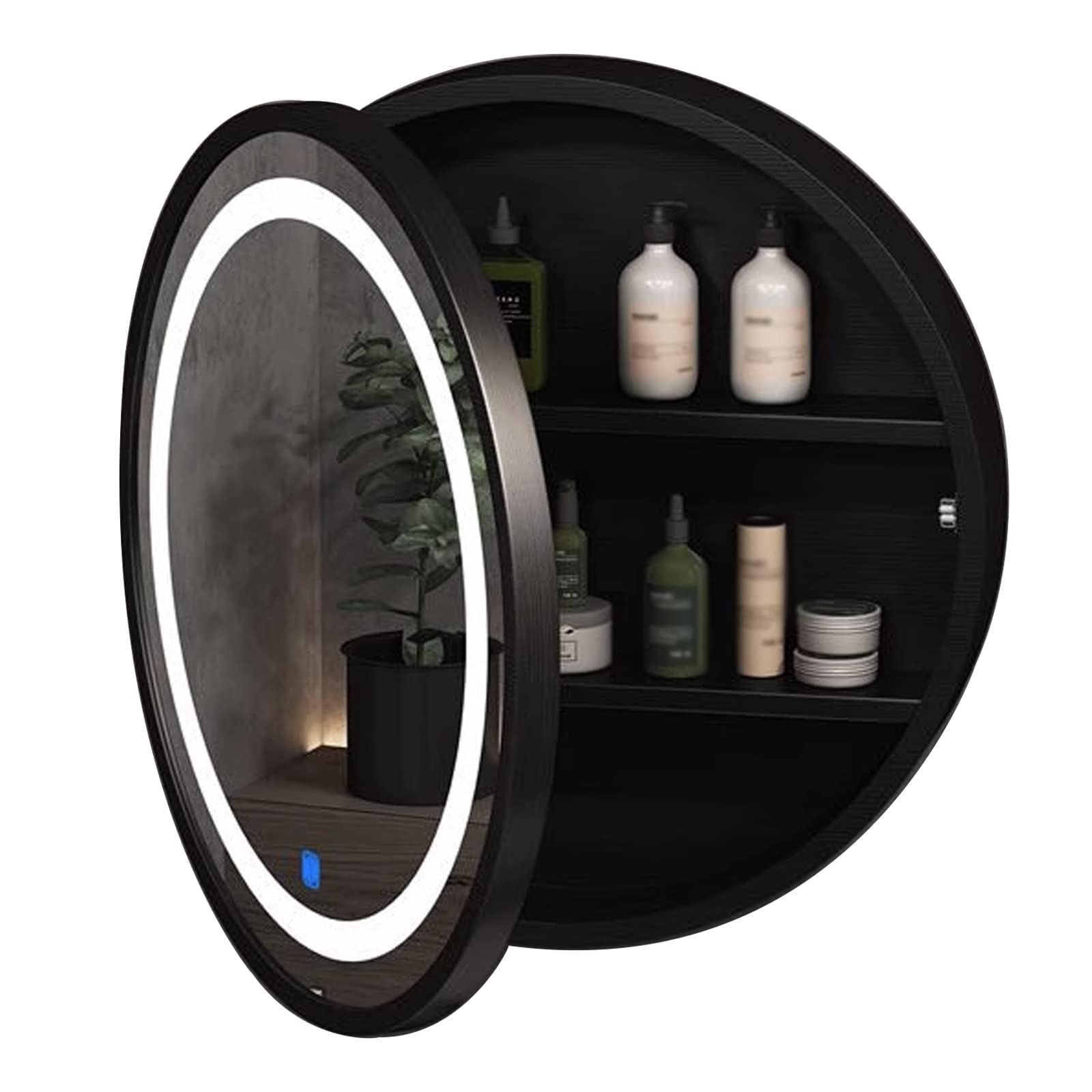 BKSXSOP Lighted Round Mirror Wall Mounted Vanity with Storage Shelf - 50cm Black Bathroom Cabinet for Space-Saving nization and Elegant Decor