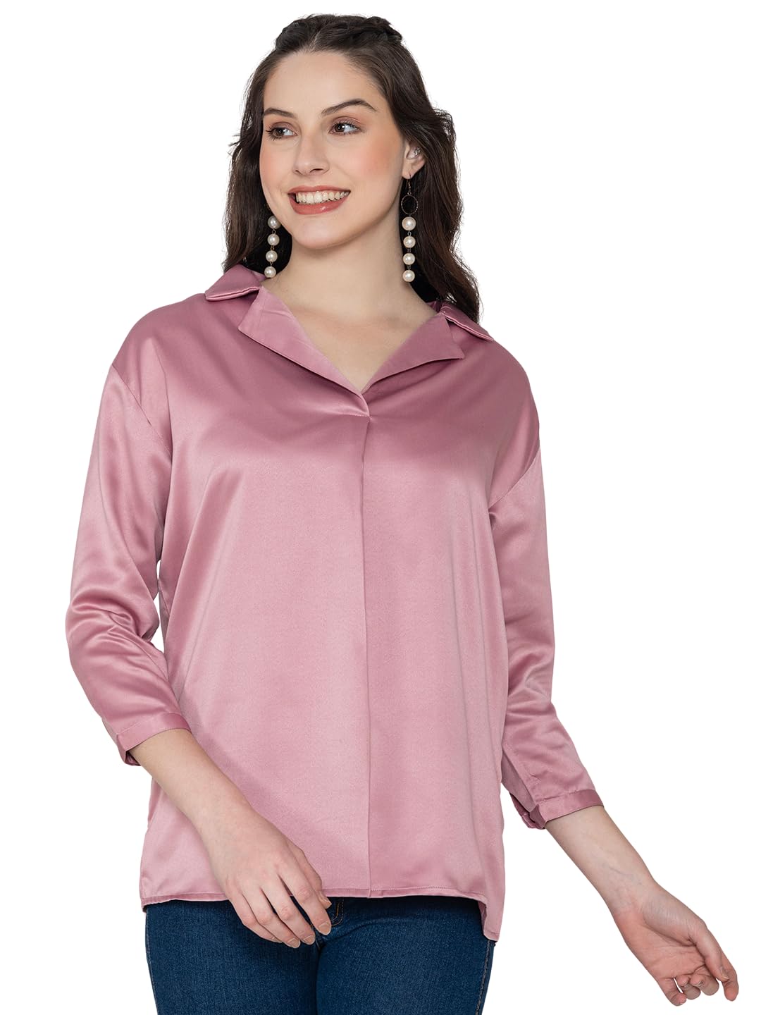 lounge dreams Ligh Pink Solid Satin Collar Shirt Women's Top-picture-10