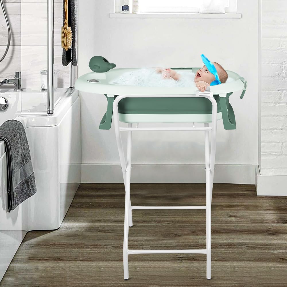 MUL-BHERRAMIENQU - Bañera plegable para bebé, con soporte, termómetro y cojín, ideal para regalo de nacimiento de niña o niño (verde)