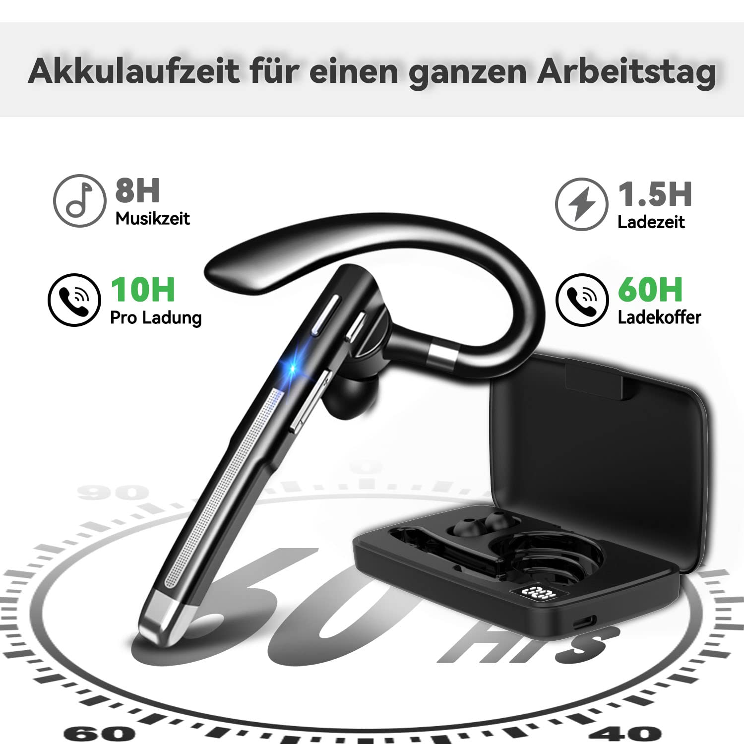 Bluetooth Headset mit Mikrofon, V5.4 In Ear Freisprech Handy Kabellos Kopfhörer mit LED Ladebox für Autofahren/Business/Büro, IPX7 Wasserdicht, Kompatibel mit iPhone Android Smartphones und Tablets