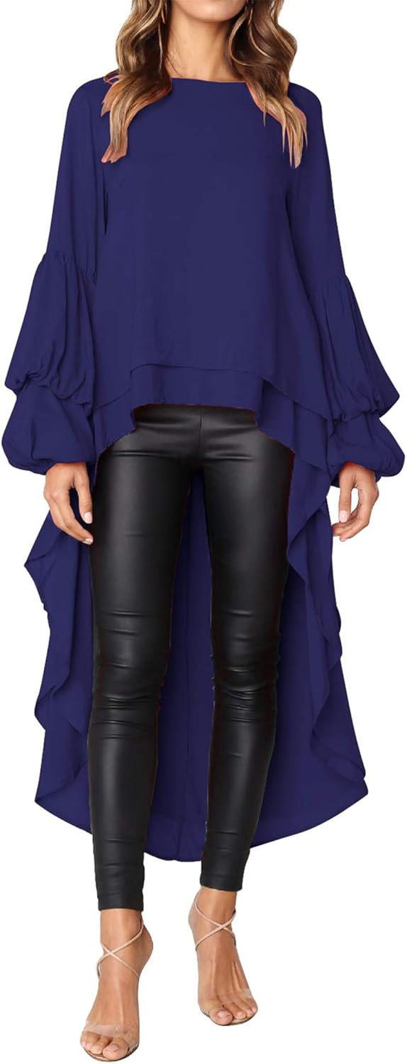 PRETTYGARDEN Women's Lantern Long Sleeve Round Neck High Low Asymmetrical Irregular Hem Casual Tops Blouse Shirt Dress