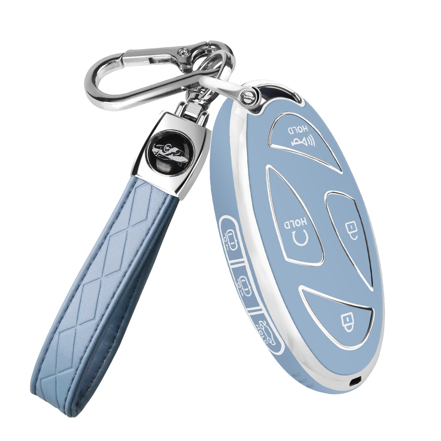 QBUC for Car Key Fob Cover,TPU 360 Degree Car Key Case Protector with Leather Keychain,7 Buttons smart key(Blue)