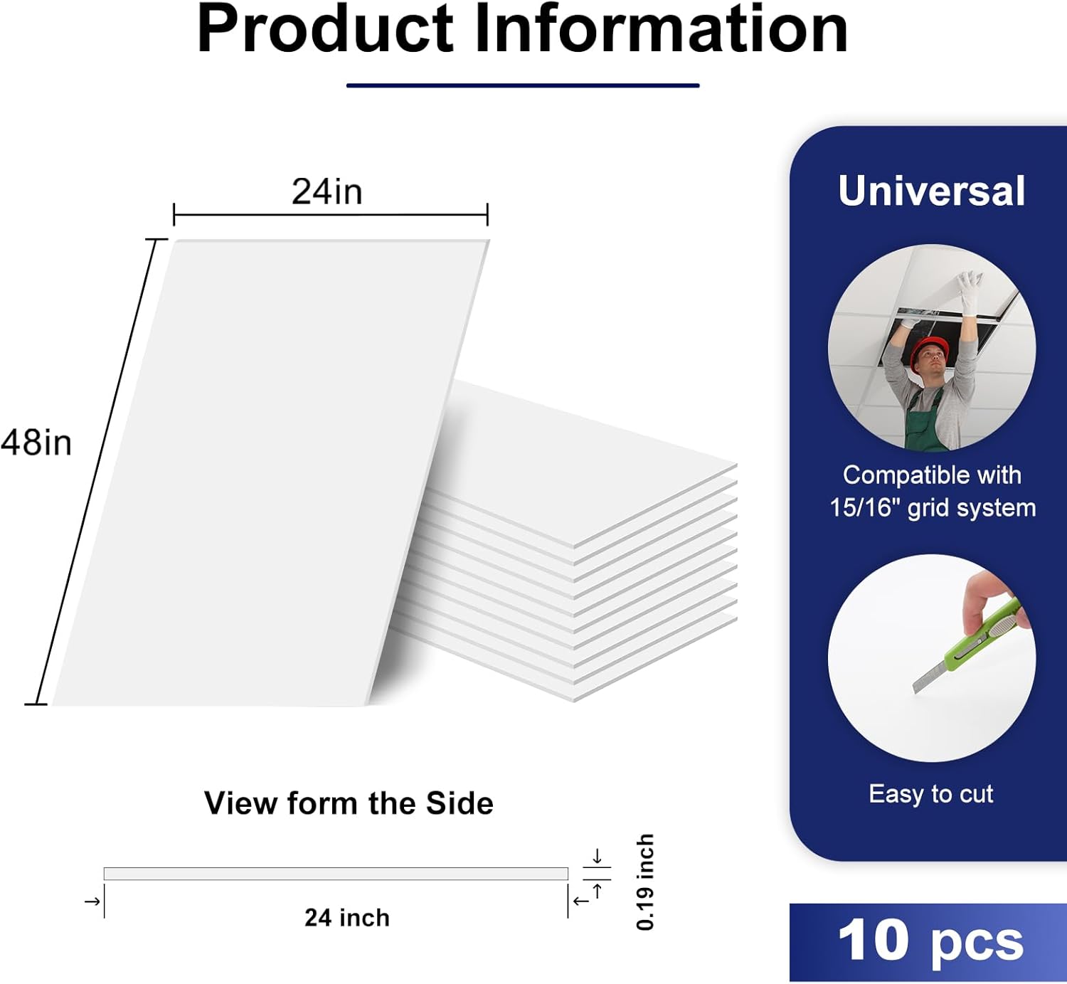 Premium PVC Smooth Drop Ceiling Tiles 2ft x 4ft - Waterproof, Fire-Rated, Washable, Drop in Installation - No Rot, No Sag, 10-Pack Cover 80 Sq. Ft, White